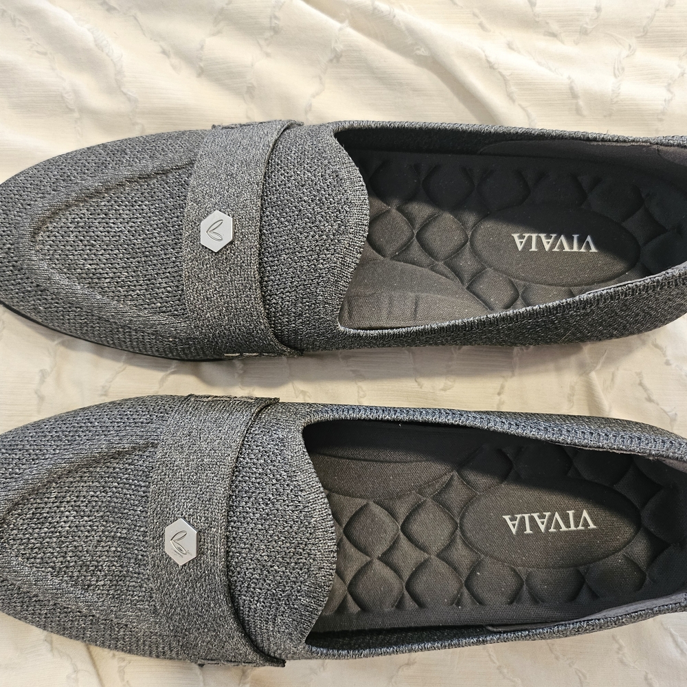 Almond Toe Vivaia Gray Quilted Loafers with Metallic Sheen (Eloise)